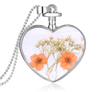 Heart-Shaped Crystal Herbarium Flower Locket Necklace