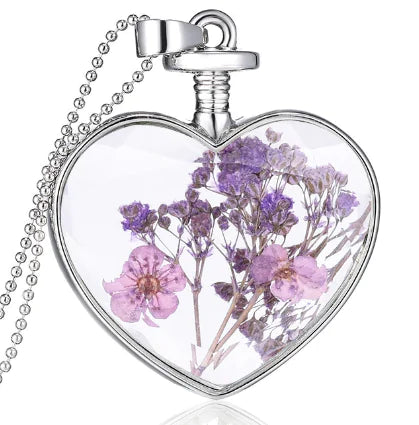 Heart-Shaped Crystal Herbarium Flower Locket Necklace