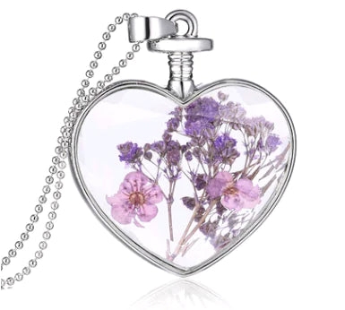 Heart-Shaped Crystal Herbarium Flower Locket Necklace