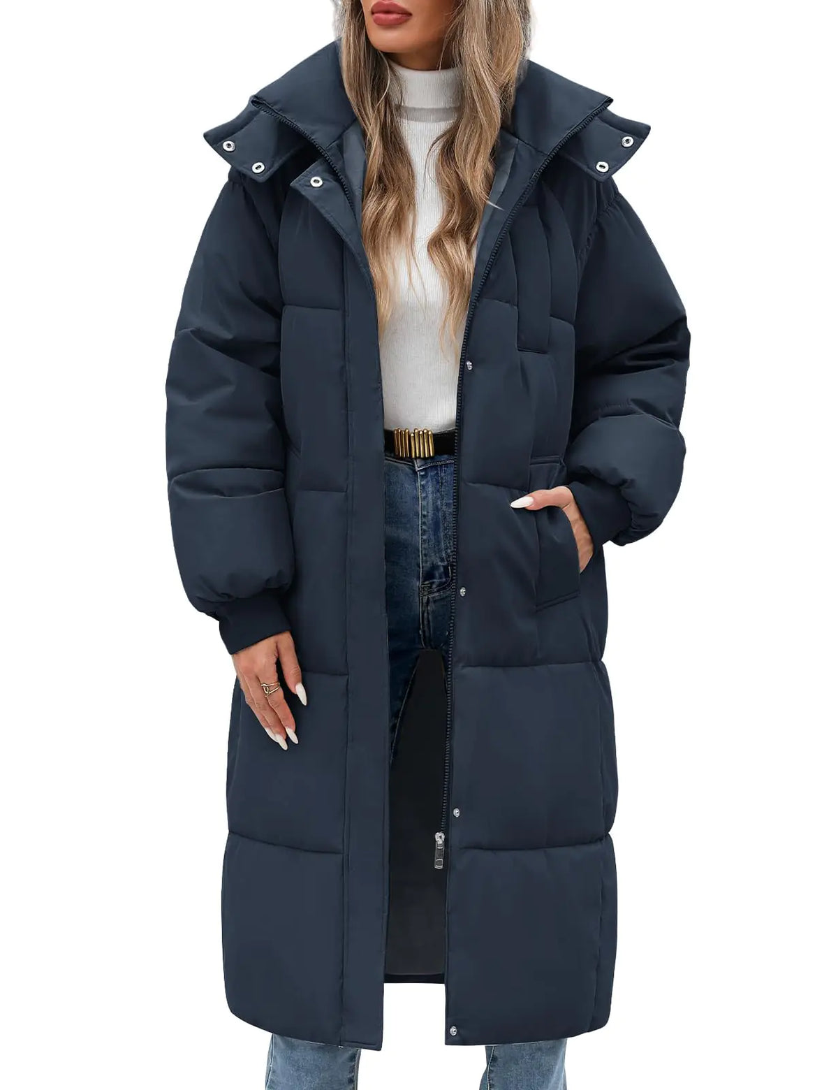 Uikue Womens Long Puffer Jacket Winter Thicken Warm Quilted Jacket Coat Fashion Hooded Zip Up Parka Outerwear with Pockets(NavyL)