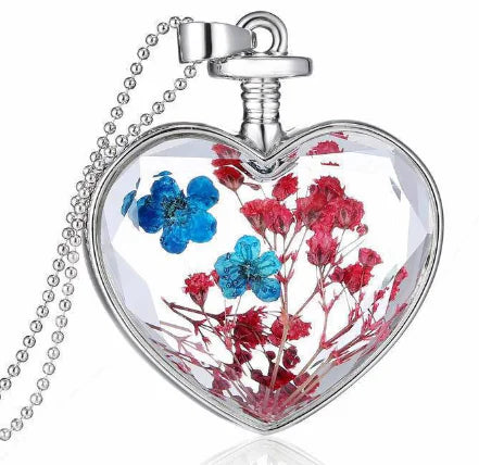 Heart-Shaped Crystal Herbarium Flower Locket Necklace
