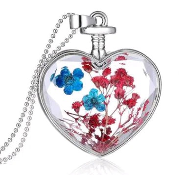 Heart-Shaped Crystal Herbarium Flower Locket Necklace