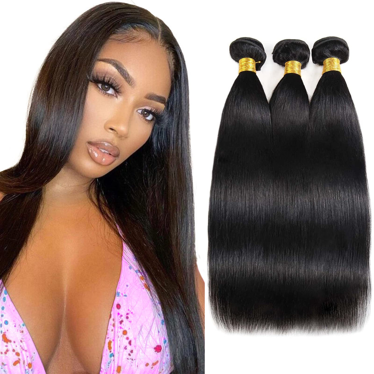 Human Hair Bundles (10 12 14 Inch) Straight 3 Bundles Human Hair Brazilian Virgin Remy Black Weave Hair Bundles Double Weft 100% Unprocessed Extension Natural Color