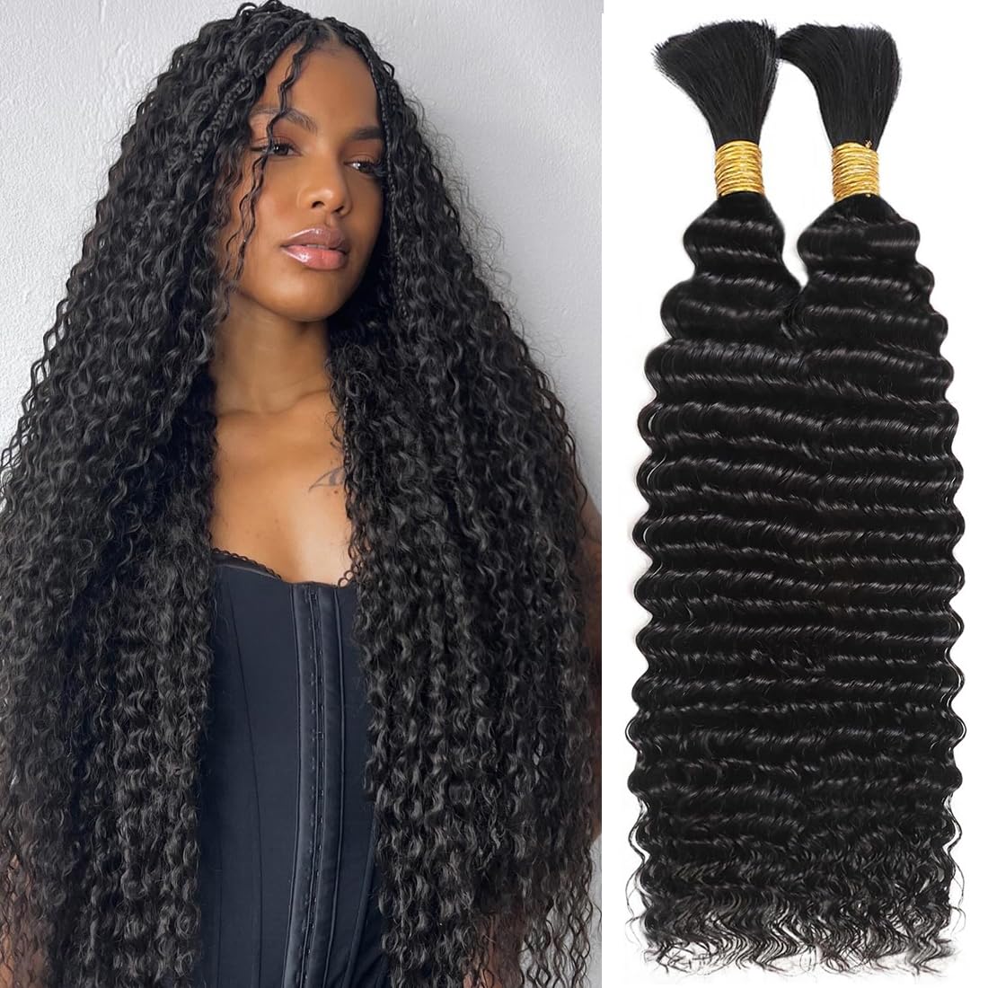 Human Braiding Hair Deep Water Wave Bulk Human Hair for Braiding 110g 28 Inch Curly Human Hair Extensions for Boho Braids No Weft 12A Wet and Wavy Human Hair Braiding Hair 2 Bundles/Pack Natural Color