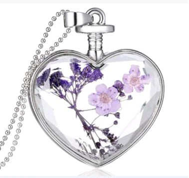 Heart-Shaped Crystal Herbarium Flower Locket Necklace