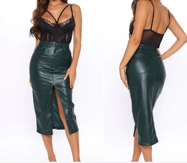 Ladies Slim Front Slit Leather Skirt