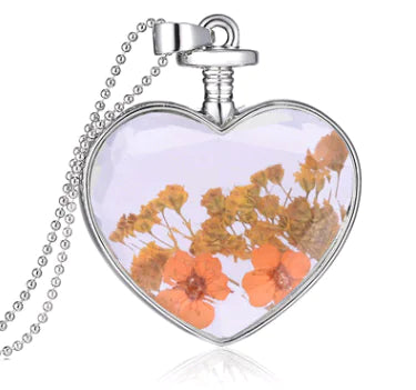 Heart-Shaped Crystal Herbarium Flower Locket Necklace