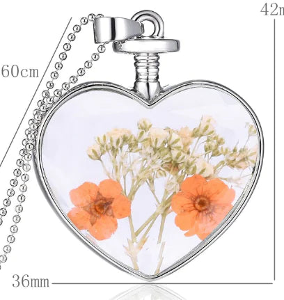 Heart-Shaped Crystal Herbarium Flower Locket Necklace