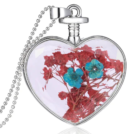 Heart-Shaped Crystal Herbarium Flower Locket Necklace