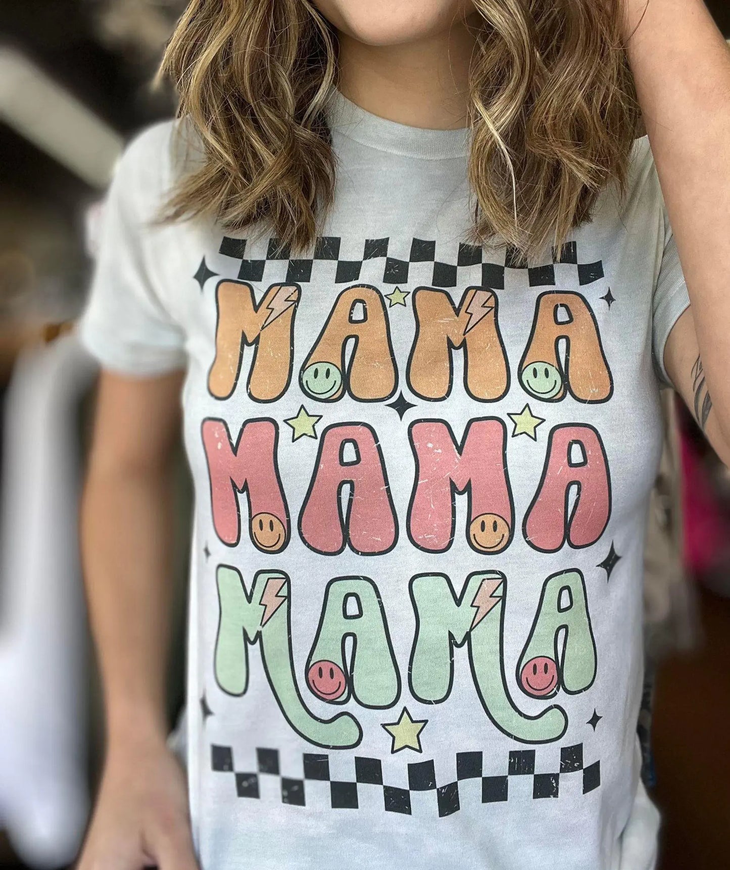 Checkered Smiley Mama T-Shirt