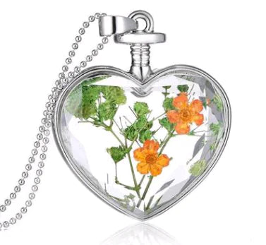 Heart-Shaped Crystal Herbarium Flower Locket Necklace