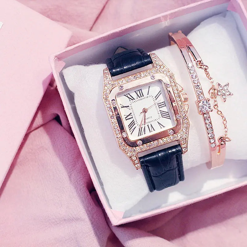 Square Diamond Quartz Watch for Women with Roman Numerals