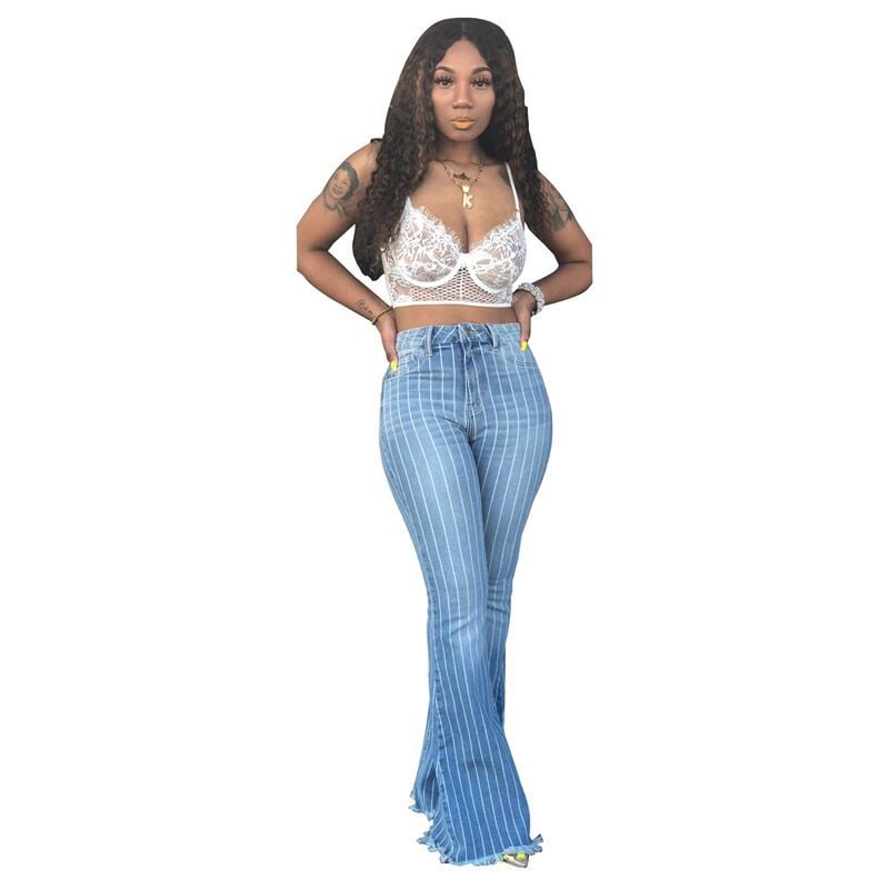 Ladies' Blue High Waist Striped Flare Jeans