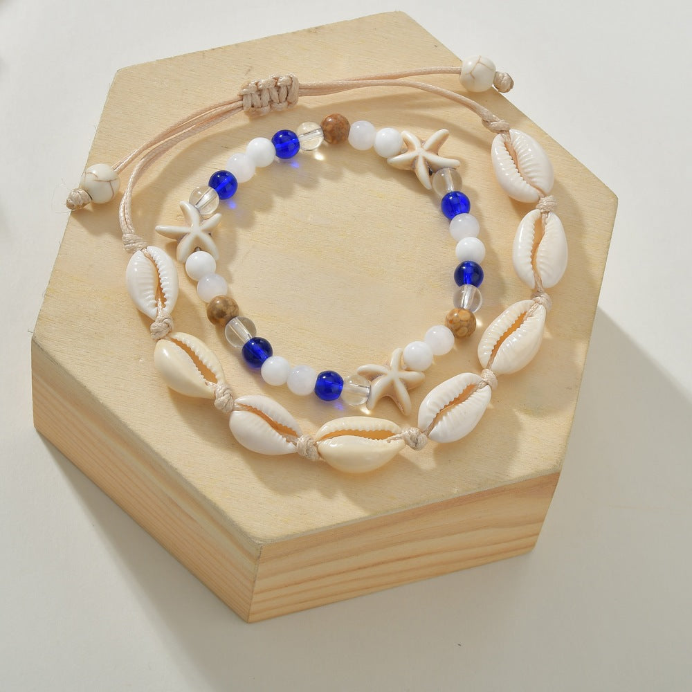 Vintage Woven Starfish Shell Anklet with Turquoise Set