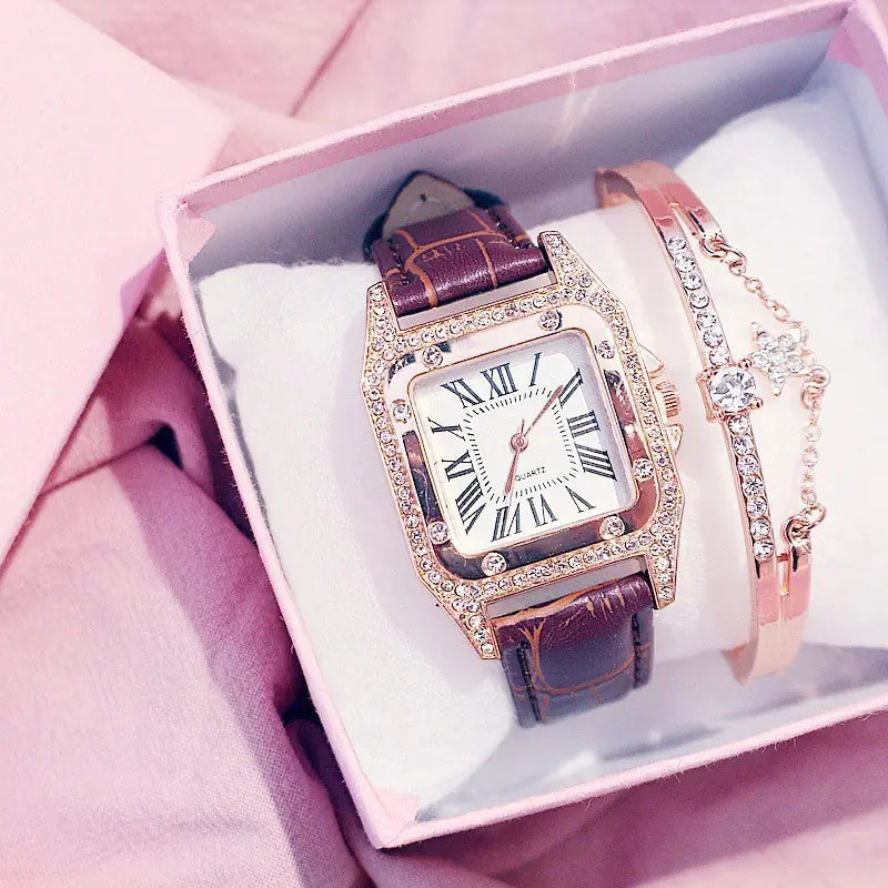 Square Diamond Quartz Watch for Women with Roman Numerals