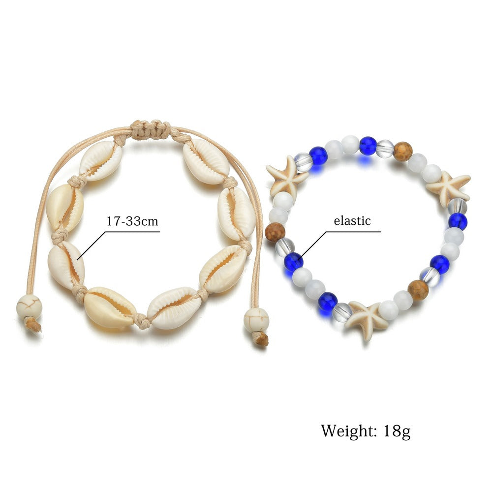 Vintage Woven Starfish Shell Anklet with Turquoise Set
