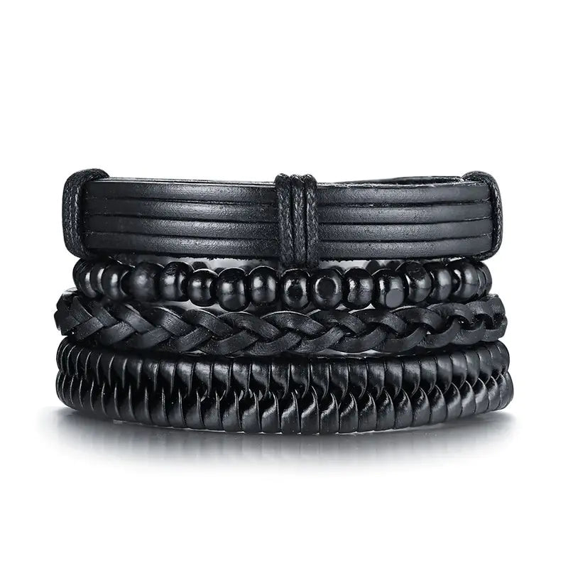 Black PU Bracelet with Wooden Beads - Fashion Jewelry