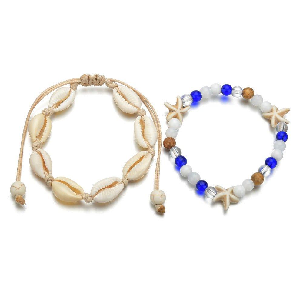 Vintage Woven Starfish Shell Anklet with Turquoise Set