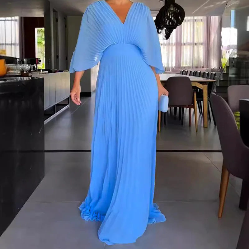 Women's V-Neck Bat Sleeve High Waist Dress