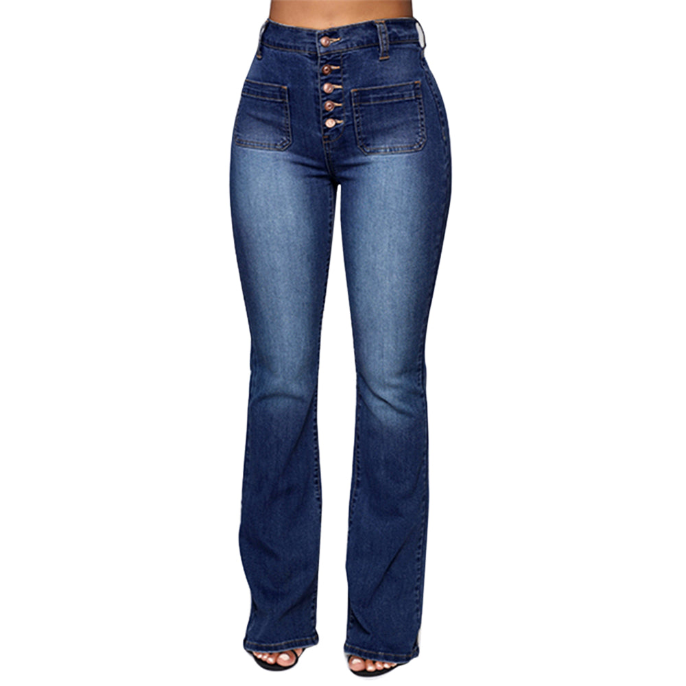 Ladies' Buttoned Patch Pocket Washed Jeans