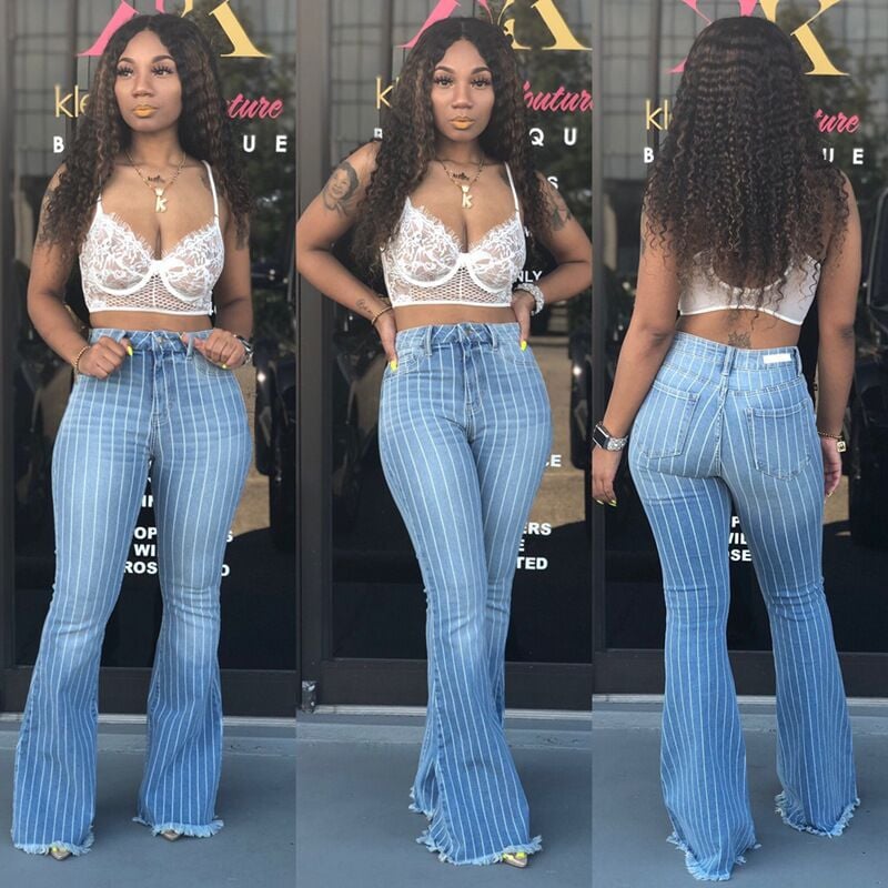 Ladies' Blue High Waist Striped Flare Jeans
