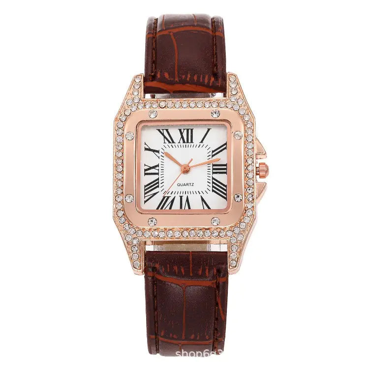 Square Diamond Quartz Watch for Women with Roman Numerals