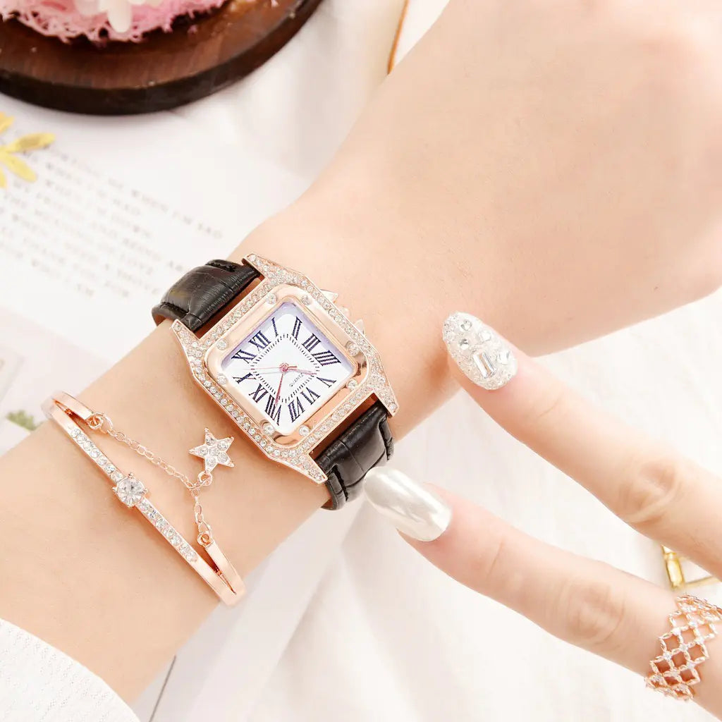 Square Diamond Quartz Watch for Women with Roman Numerals