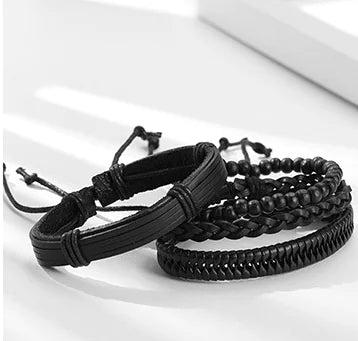 Black PU Bracelet with Wooden Beads - Fashion Jewelry