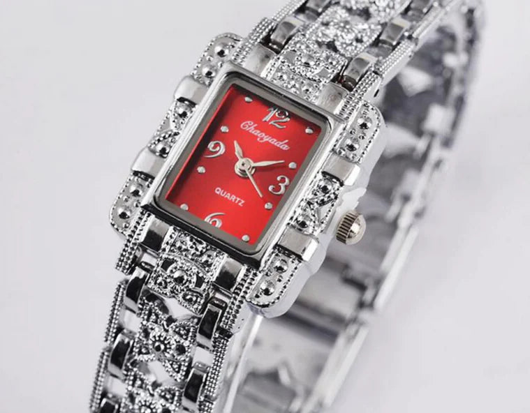 Square Steel Band Watch with Roman Dial Design