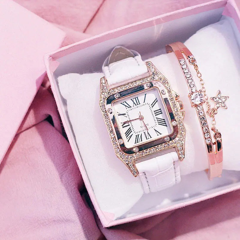 Square Diamond Quartz Watch for Women with Roman Numerals