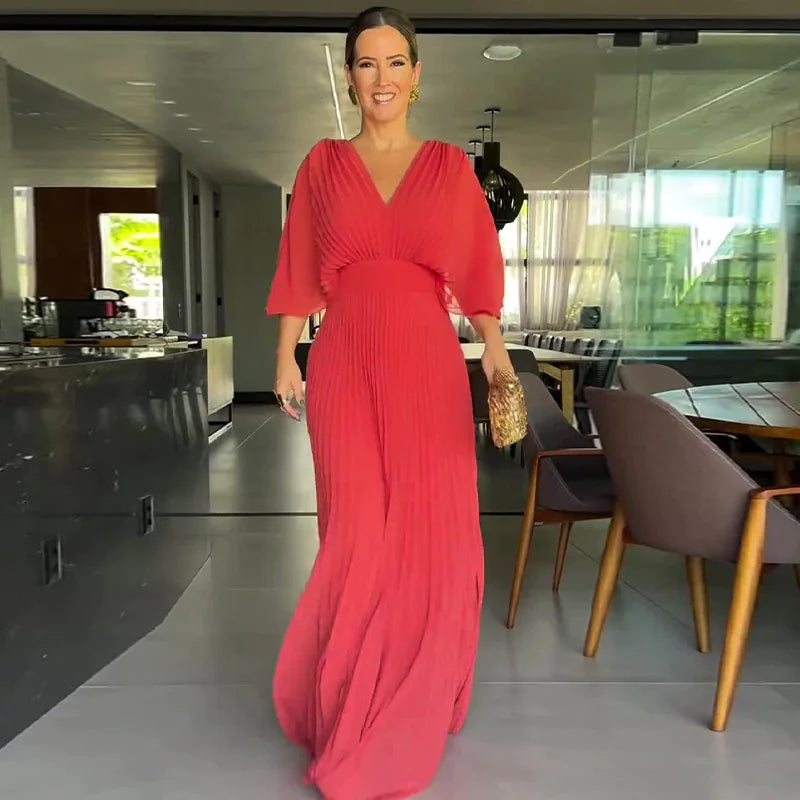 Women's V-Neck Bat Sleeve High Waist Dress
