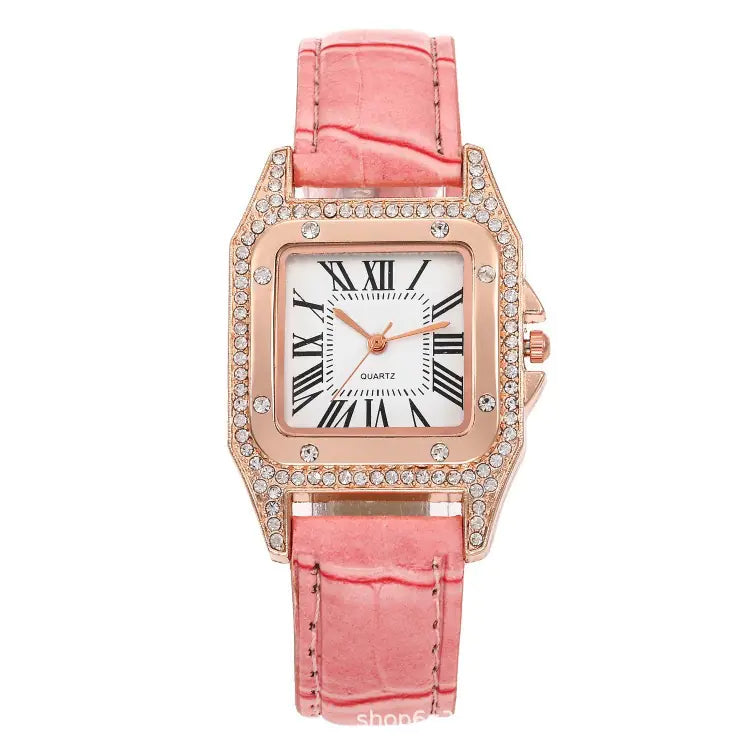 Square Diamond Quartz Watch for Women with Roman Numerals