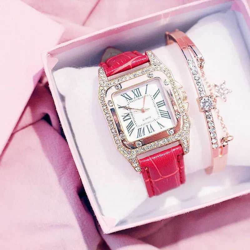 Square Diamond Quartz Watch for Women with Roman Numerals