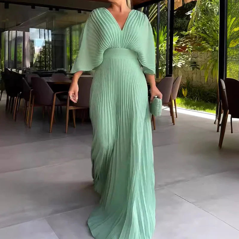 Women's V-Neck Bat Sleeve High Waist Dress