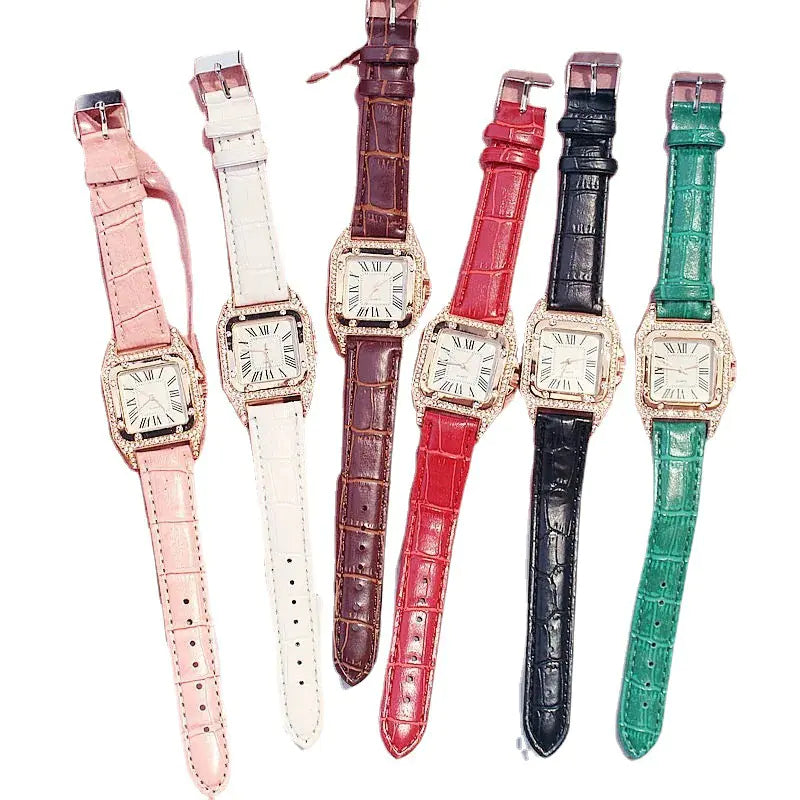 Square Diamond Quartz Watch for Women with Roman Numerals