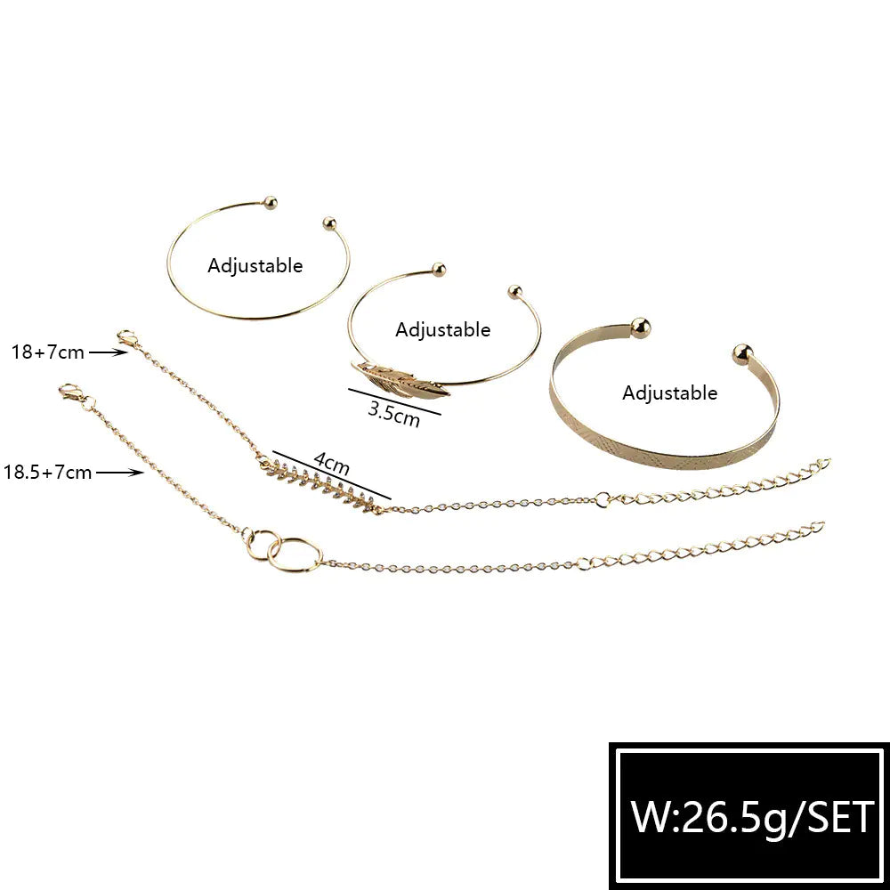 Boho Style Hollow Double Circle Leaf Bracelet Set