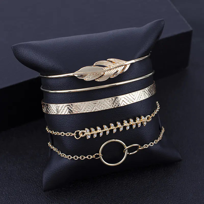 Boho Style Hollow Double Circle Leaf Bracelet Set