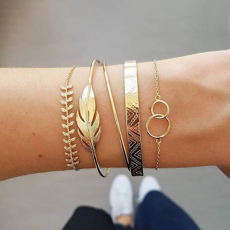 Boho Style Hollow Double Circle Leaf Bracelet Set