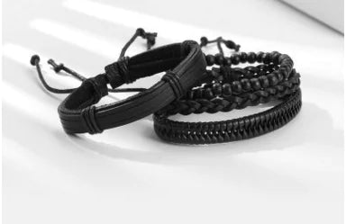 Black PU Bracelet with Wooden Beads - Fashion Jewelry