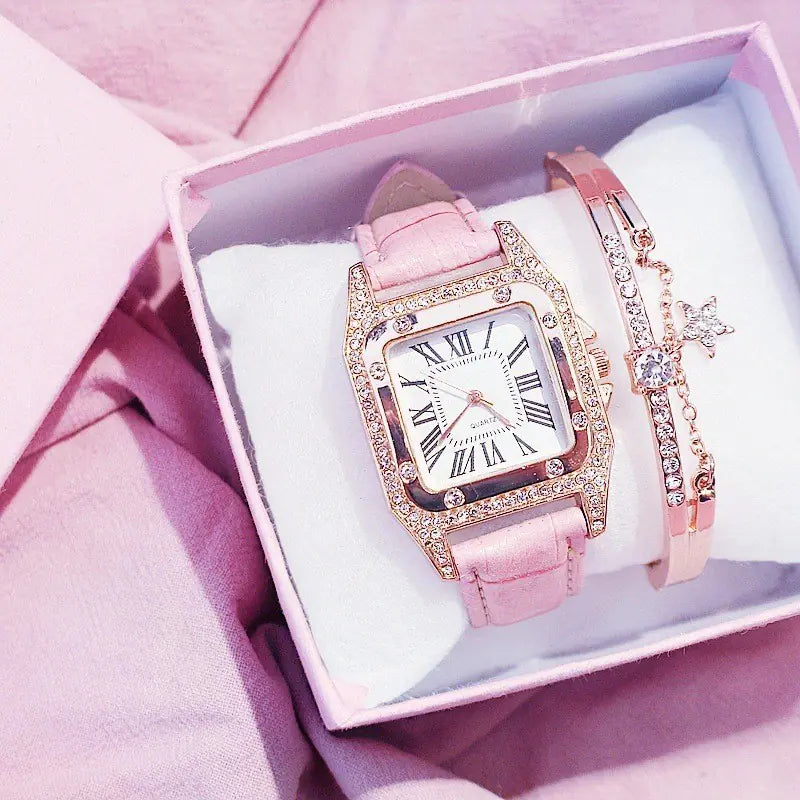 Square Diamond Quartz Watch for Women with Roman Numerals