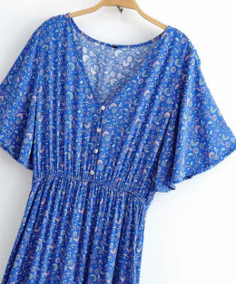 Vintage Chic Women's Blue Floral Bat Sleeve Dress