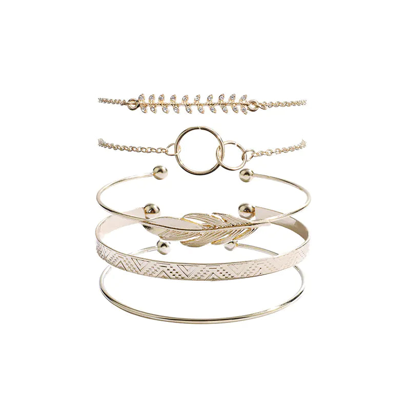 Boho Style Hollow Double Circle Leaf Bracelet Set