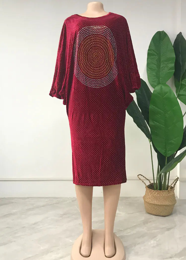 Ladies Casual Dress with Hot Rhinestone Bat Sleeves