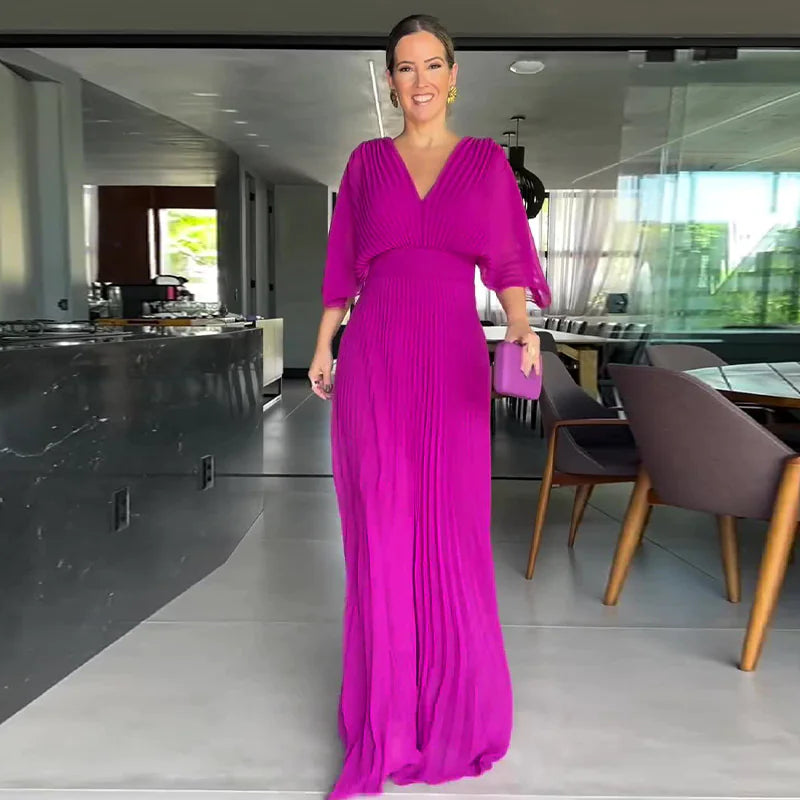 Women's V-Neck Bat Sleeve High Waist Dress