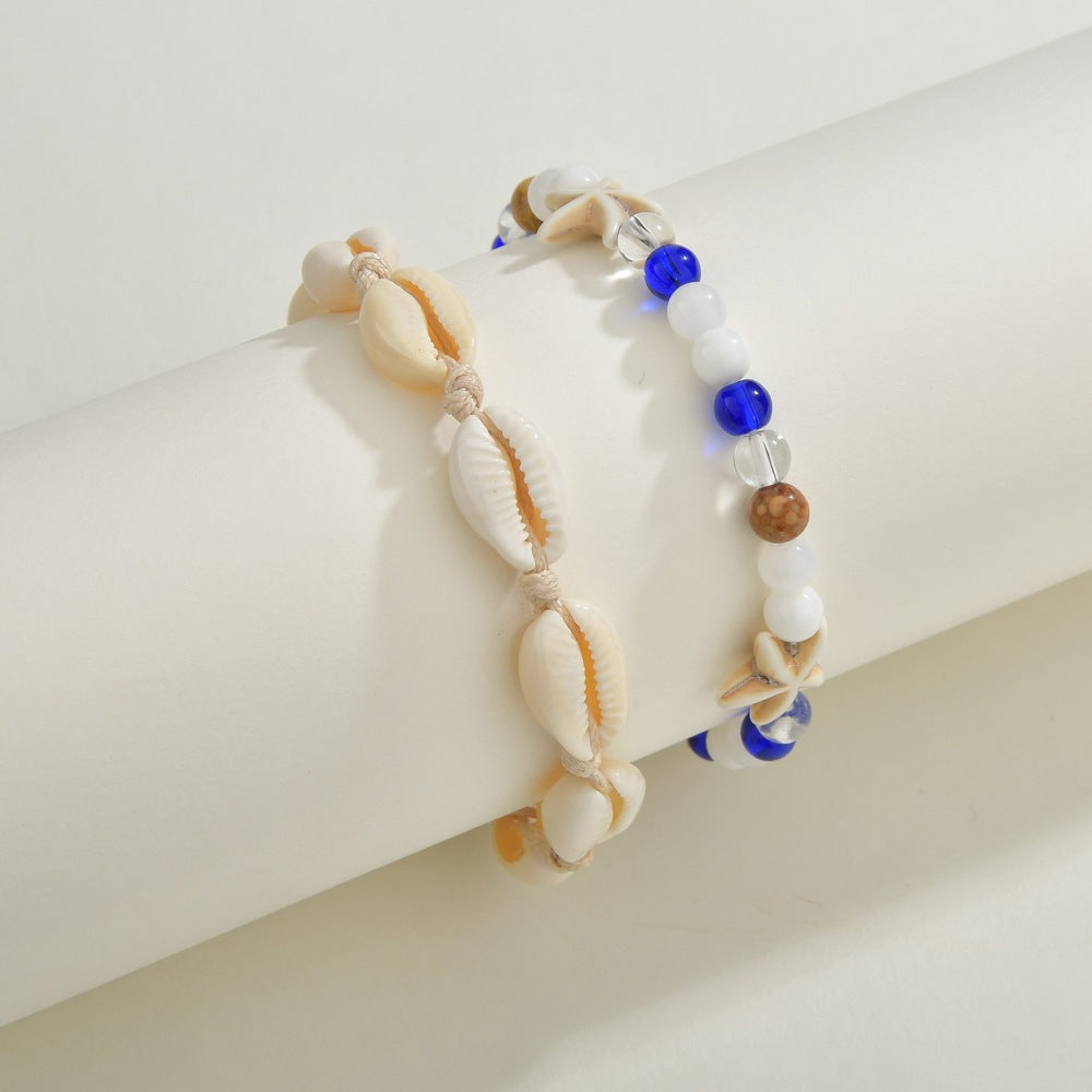 Vintage Woven Starfish Shell Anklet with Turquoise Set