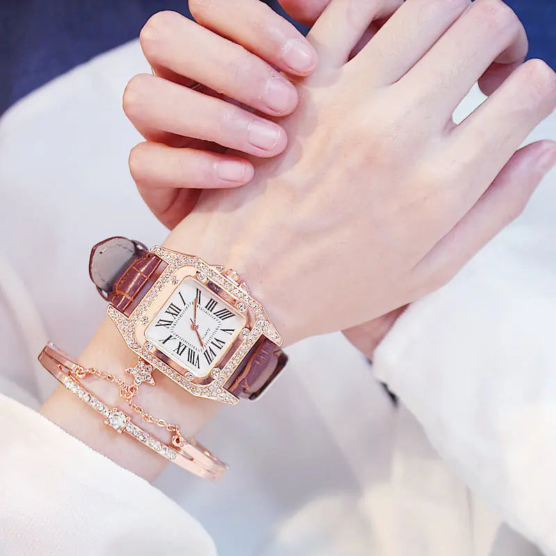 Square Diamond Quartz Watch for Women with Roman Numerals