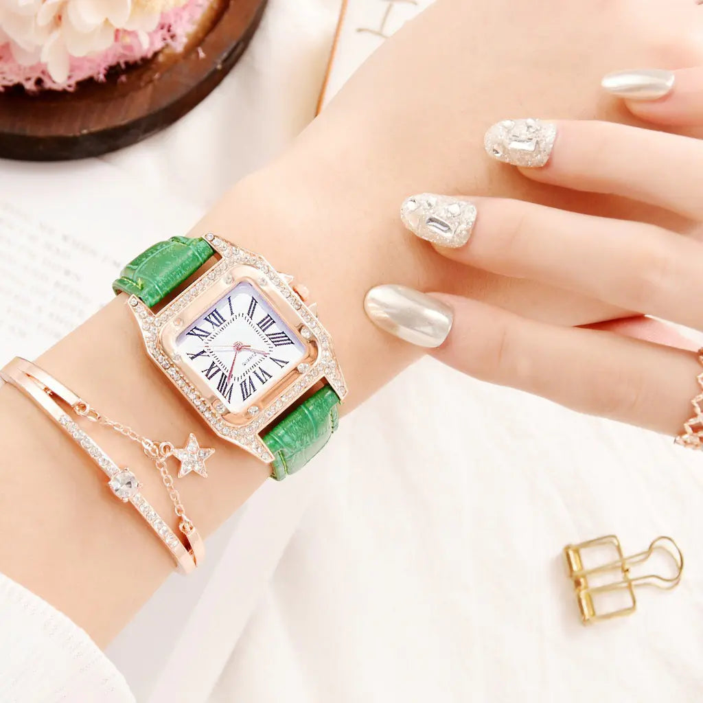 Square Diamond Quartz Watch for Women with Roman Numerals