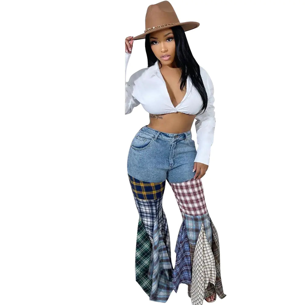 Houndstooth Flared Denim Ruffled Trousers for Women