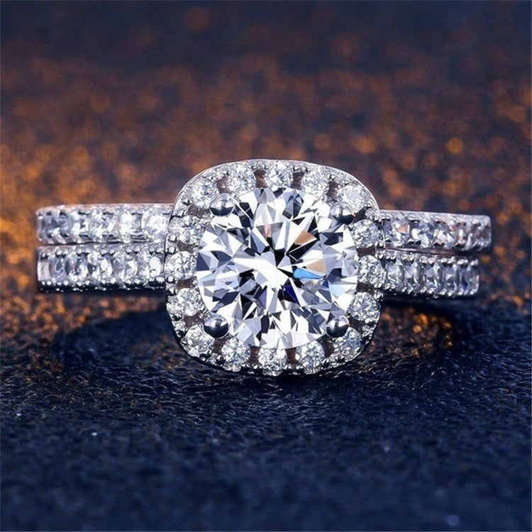 Square Inlaid Zircon Couple Ring Set for Ladies