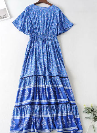 Vintage Chic Women's Blue Floral Bat Sleeve Dress